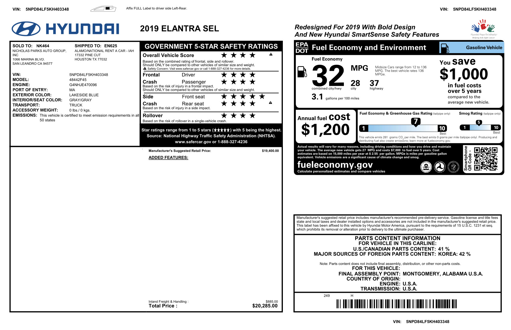 Used 2019 Hyundai Elantra SEL with VIN 5NPD84LF5KH403348 for sale in Enumclaw, WA