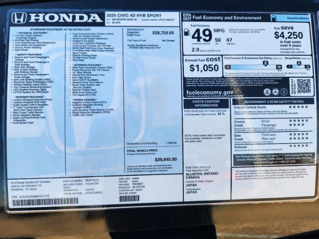 2025 Honda Civic Sedan Hybrid Vehicle Photo in Denison, TX 75020