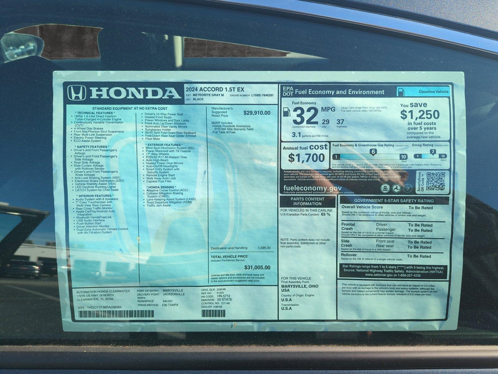 2024 Honda Accord Sedan Vehicle Photo in Clearwater, FL 33764